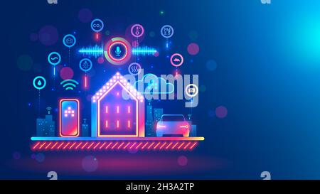 Smart home voice control. Smartphone connections with IOT intelligent devices house system and car computer. Smart speaker recognitions voice commands Stock Vector