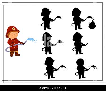 A logic game for kids find the right shadow, a firefighter extinguishes a fire. vector isolated on a white background Stock Vector