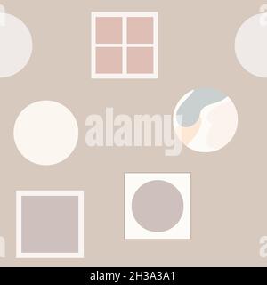 A seamless pattern of muted shades with circles, squares, abstract shapes.  Stock Vector