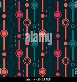 Seamless repeating pattern. 70ies inspired colors and shapes. Circles and lines like clocks and wristwatches. Stock Vector