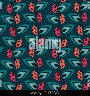 Seamless repeating pattern. 70ies inspired colors and shapes. Ladybugs on vines with leaves. Stock Vector
