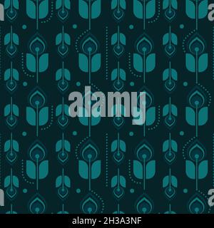 Seamless repeating pattern. 70ies inspired colors and shapes. Green/ teal colored tulip flowers in vertical patterns. Stock Vector