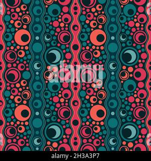 Seamless repeating pattern. 70ies and 60ies inspired colors and shapes. Underwater feeling with bubbles and waves in vertical direction. Trippy. Stock Vector