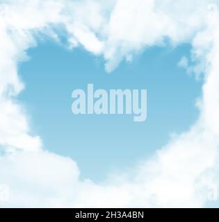 Vector realistic skyscape. Sky with clouds. Hole in clouds with shape of heart. Stock Vector