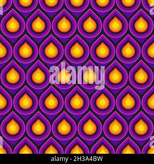Seamless repeating pattern. Geometric droplets in orange and purple. Peacock pattern. Stock Vector