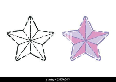 Star grafic geometric icons set, black doodle stroke outline contour, filled shapes in blue lilac lavender color palette, silhouettes for web Stock Vector