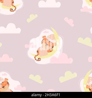 Seamless pattern with cute sleeping tiger. An animal girl in a nightcap and a blanket sleeps on the moon on a pink background with clouds. Vector. Kid Stock Vector