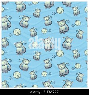 Seamless repeating pattern. Animals, stylized happy cats and balls of yarn on wavy background. Stock Vector