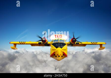 Yellow air taxi airplane transportation in sky Stock Photo