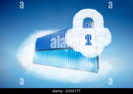 Containers in the cloud with security lock icon Stock Photo
