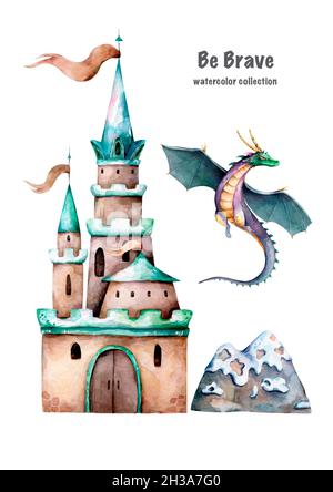 Dragons and castle watercolor illustration. Fairy tale print Stock ...