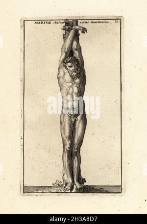 Statue of the satyr Marsyas tied to a tree and flayed alive after a music battle with Apollo. Roman copy from a Greek original of the 4th century BC, now in the Capitoline Museums. Marsyae statua vetus marmorea. Copperplate engraving by Giovanni Battista Cannetti from Copperplates of the most beautiful ancient statues of Rome, Calcografia di piu belle statue antiche a Roma, engraved by Cannetti all'Arco della Ciambella, published by Gaetano Quojani, Rome, 1779. Stock Photo