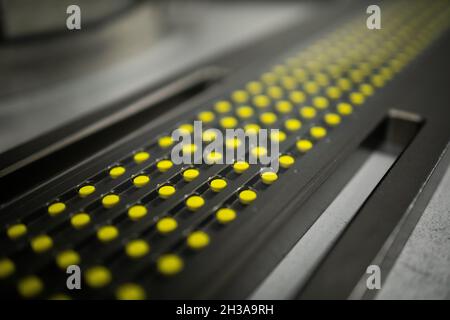 Production line pharmaceutical industry. Manufacturing of drugs and medications, pharmaceuticals. Stock Photo