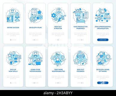 Career development blue onboarding mobile app page screen set Stock Vector