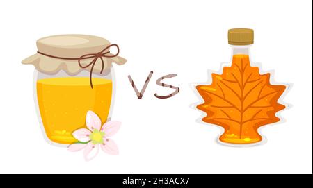 Honey in jar versus Canadian maple syrup. Stock Vector
