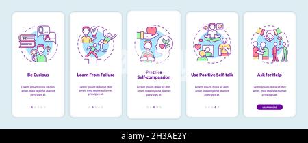 Happiness mindset strategies onboarding mobile app page screen Stock Vector