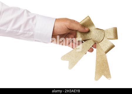Man hand holds Christmas decoration isolated on white background, template for designers Stock Photo