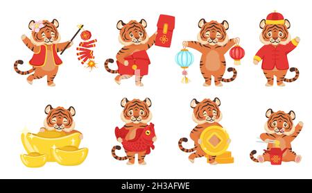cartoon style set with cute chinese tiger Stock Vector