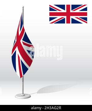 United Kingdom flag on flagpole for registration of solemn event, meeting foreign guests. National independence day of United Kingdom. Realistic 3D ve Stock Vector