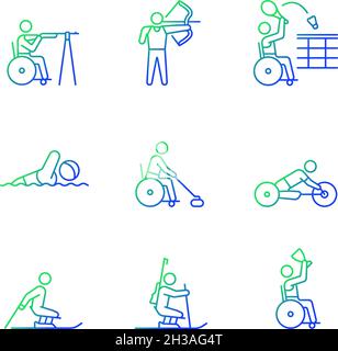 Athletes with disabilities gradient linear vector icons set Stock Vector