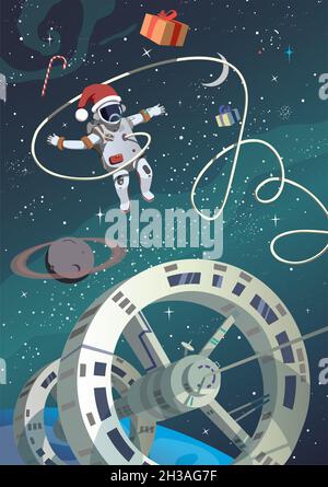 Christmas in Earth orbit, astronaut in outer space. Vector. Stock Photo