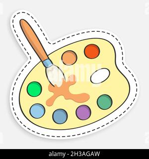 cartoon icon of doodle palette with multicolored watercolors and brush. Stationery for school. Vector isolated on white background Stock Vector