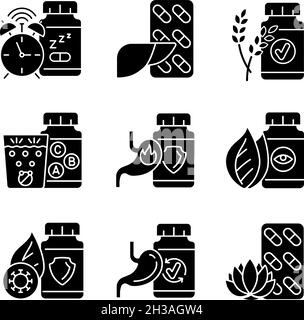 Food supplements black glyph icons set on white space Stock Vector