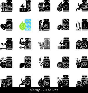 Food supplements black glyph icons set on white space Stock Vector