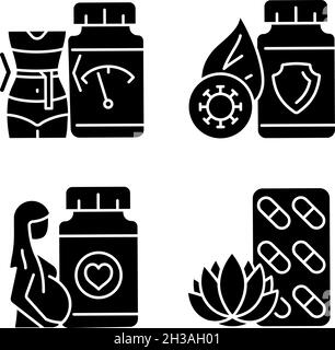 Food supplements black glyph icons set on white space Stock Vector