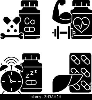Food supplements black glyph icons set on white space Stock Vector
