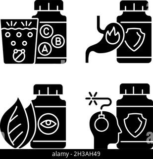Food supplements black glyph icons set on white space Stock Vector