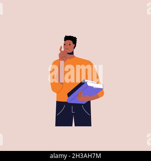 A young thoughtful black student holding a stack of books, touches chin and thinking for solution gathering ideas for best decision. Concept of making Stock Vector