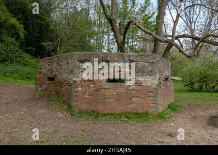 A brick and concrete pillbox in the English village of Brockham, Betchworth, Mole Valley, Surrey, UK. Stock Photo