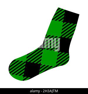 Warm winter sock with black and green buffalo pattern. Human foot shape with gingham checkered print. Vector flat illustration. Stock Vector
