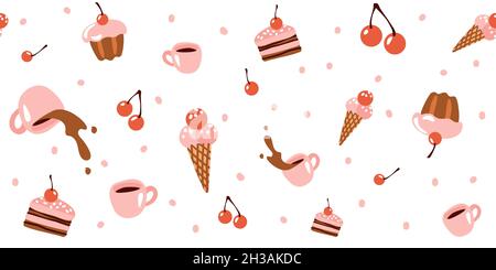 Seamless pattern with sweets, ice cream, mug with coffee, cake on a white background. Festive pattern for birthday, bakery, children s holiday. Cute c Stock Vector