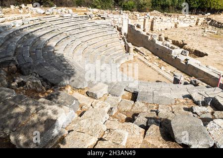 Ruins of the Bouleuterion council house at ancient Greek city Teos in Izmir province of Turkey. Teos was an ancient Greek city on the coast of Ionia. Stock Photo