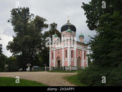 Alexander Nevsky Memorial Church (Alexander-Newski-Gedächtniskirche) on Kapellenberg Hill near the Russian Colony Alexandrowka (Russische Kolonie Alexandrowka) in Potsdam, Germany. The Russian church designed by Russian architect Vasily Stasov in Byzantine Revival style was completed in 1829. Stock Photo