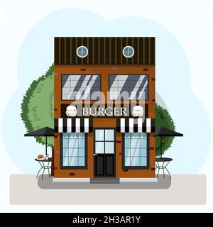 Vector illustration of a burger joint. Facade of a fast food restaurant with tables and delivery. Cartoon building in European style. Flat Stock Vector