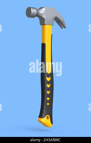 Black and yellow hammer with a rubberized handle isolated on blue background. 3d render and illustration of tool for repair and building Stock Photo