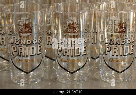 branded English beer pint glasses Fuller's London Pride Stock Photo