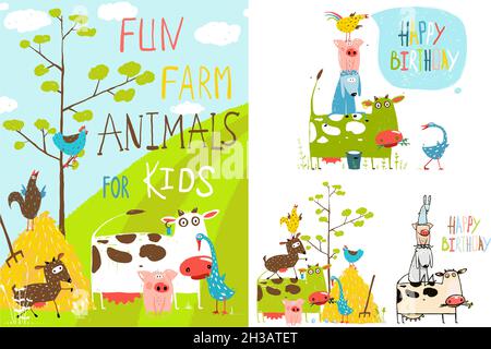 Farm Domestic Animals Cartoons in the Field Stock Vector