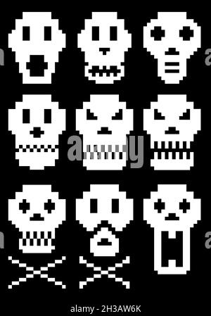 White pixel skull icons, set of vector design elements Stock Vector