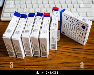 Moscow, Russia - October 17, 2021: boxes with the Russian vaccine against coronavirus infection Sputnik Light closeup on table in clinic Stock Photo