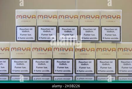 Cannes, Frankreich. 27th Oct, 2021. Cannes, France - October 27, 2021: TFWA World Exhibition and Conference, The Duty Free and Travel Retail Global Summit. Maya Cigarettes. Zigaretten, Cigarette, Tax Free World Association. Mandoga Media Germany Credit: dpa/Alamy Live News Stock Photo