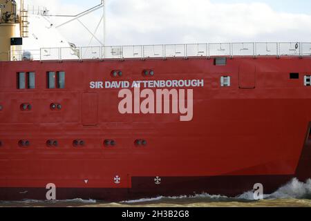 Tilbury Essex UK 27th October 2021. British Antarctic Survey Ship the RRS Sir David Attenborough making its first visit to London passes Tilbury and Gravesend on the River Thames heading to Greenwich for a three day public event entitled The Ice Worlds Festival of Polar Science that runs from 28-30 October 2021. The RRS Sir David Attenborough is one of the most advanced polar research vessels in the world. The ship has a Length of 129 metres a beam of 24m and has a Gross Tonnage of 15,000. In a public poll to name the ship the name Sir David Attenborough only received 2.95% of the vote howeve Stock Photo