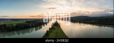 Aerial Panoramic View of Fraser River. Colorful Summer Sunset. Stock Photo