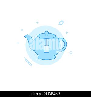 Teapot with tea bag icon. Kitchen utensil. Flat illustration. Filled line style. Blue monochrome design. Editable stroke. Adjust line weight. Stock Photo