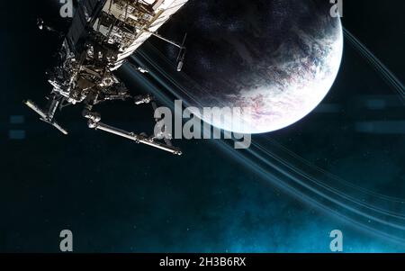 Space station on background of deep space planet Space station on background of deep space planet