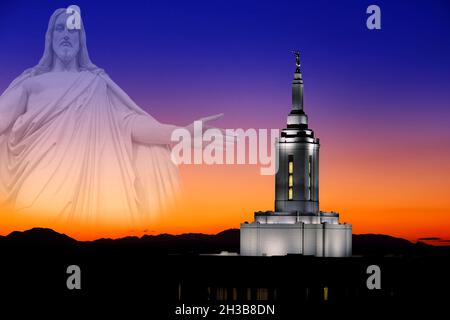 Pocatello Idaho LDS Mormon Latter-day Saint Temple with lights at sunset Angel Moroni and Jesus looking arms out Stock Photo