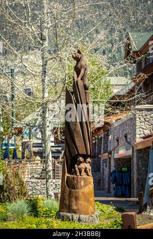 2021 06 01 South Lake Tahoe California Wooden tree carved into wildlife statue with mother and cubs in den in front of aspen tree with fairy lights a Stock Photo